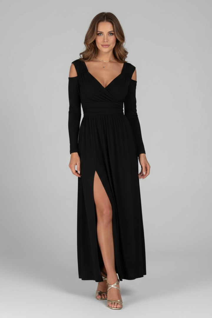 Women’s Dress with Appliques and Tiered Skirt with V Neckline and Side Slit