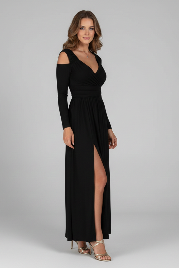 Women’s Dress with Appliques and Tiered Skirt with V Neckline and Side Slit