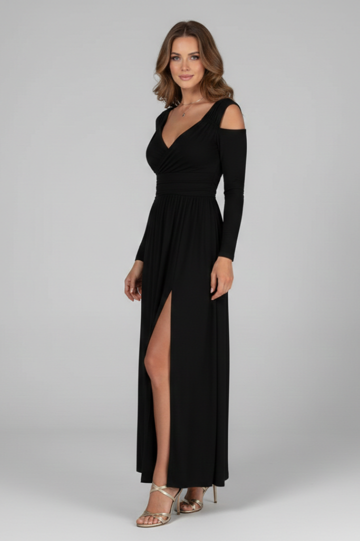 Women’s Dress with Appliques and Tiered Skirt with V Neckline and Side Slit
