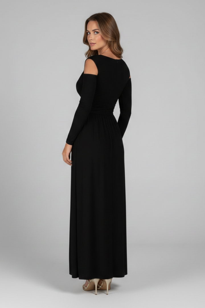 Women’s Dress with Appliques and Tiered Skirt with V Neckline and Side Slit
