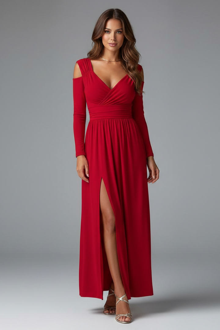 Women’s Dress with Appliques and Tiered Skirt with V Neckline and Side Slit