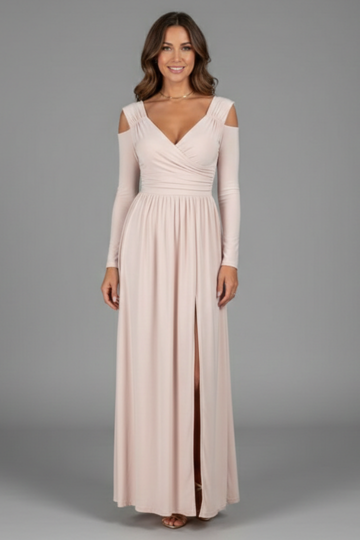 Women’s Dress with Appliques and Tiered Skirt with V Neckline and Side Slit