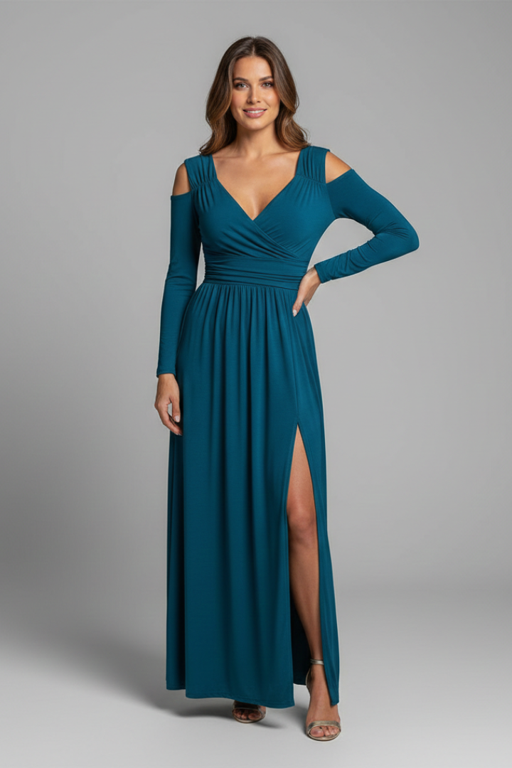 Women’s Dress with Appliques and Tiered Skirt with V Neckline and Side Slit