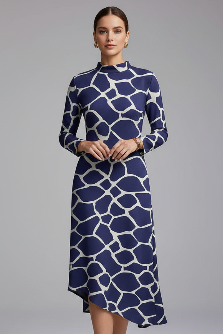Women’s Dress with Long Sleeves and Irregular Printed Hem