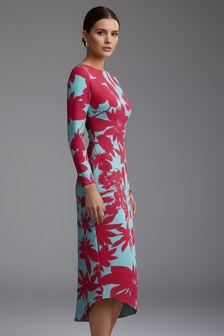 Women’s Dress with Long Sleeves and Irregular Printed Hem