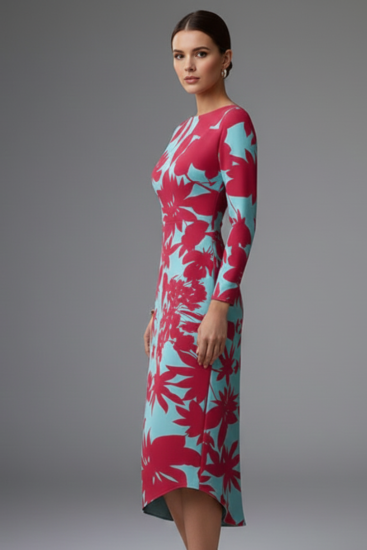 Women’s Dress with Long Sleeves and Irregular Printed Hem
