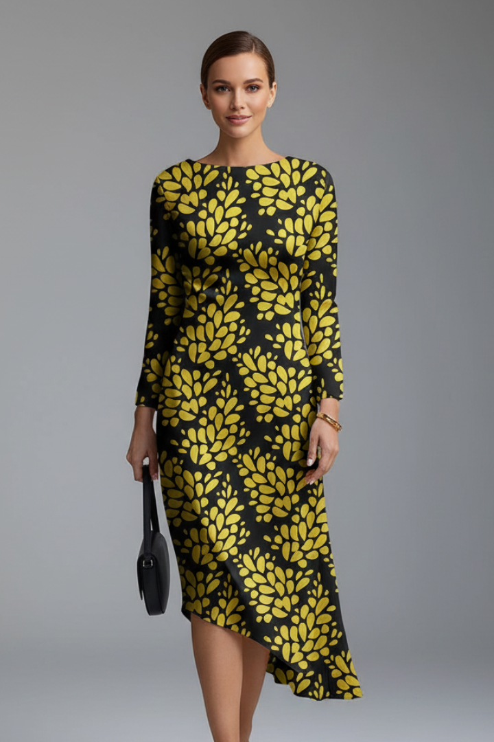 Women’s Dress with Long Sleeves and Irregular Printed Hem