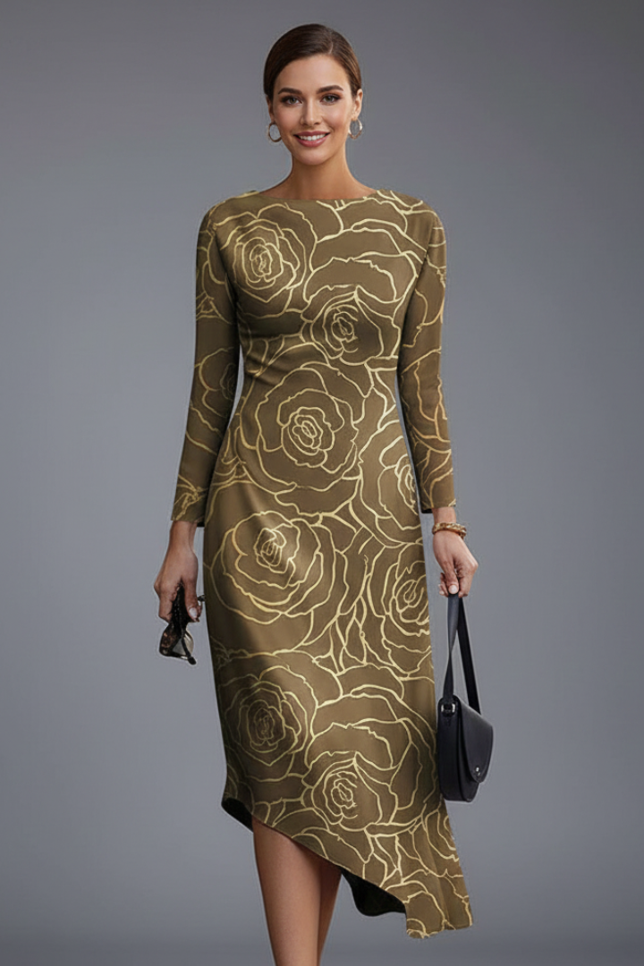 Women’s Dress with Long Sleeves and Irregular Printed Hem