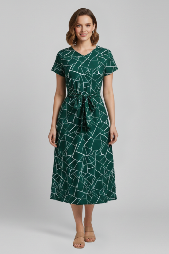 Women’s Dress with Round Neckline and Waist Tie