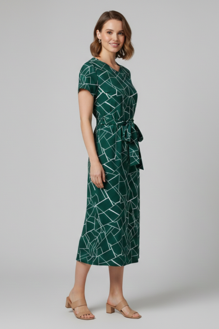 Women’s Dress with Round Neckline and Waist Tie