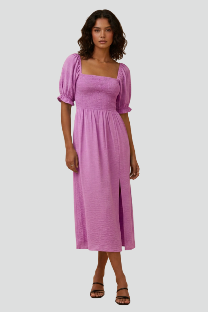 Women’s Dress with Smocked Bodice and Side Slit