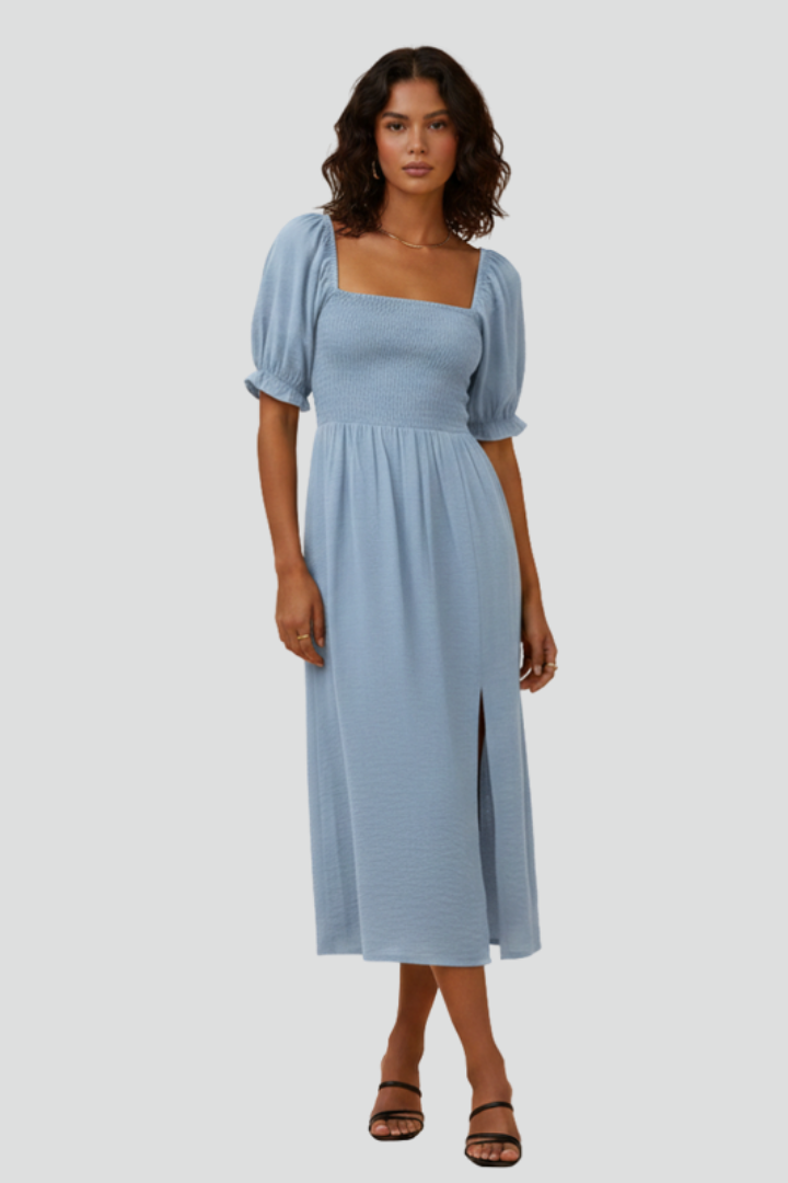 Women’s Dress with Smocked Bodice and Side Slit