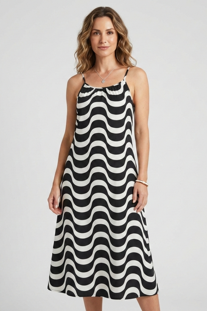Women’s Dress with Spaghetti Straps and Wave Pattern