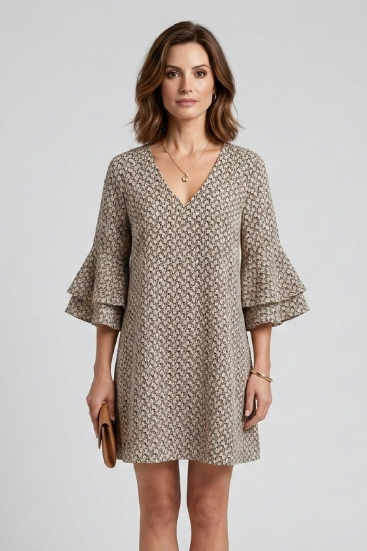 Women’s Dress with V-Neck and Flared Sleeves
