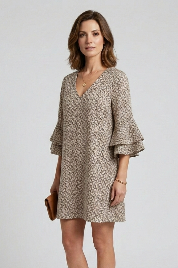 Women’s Dress with V-Neck and Flared Sleeves