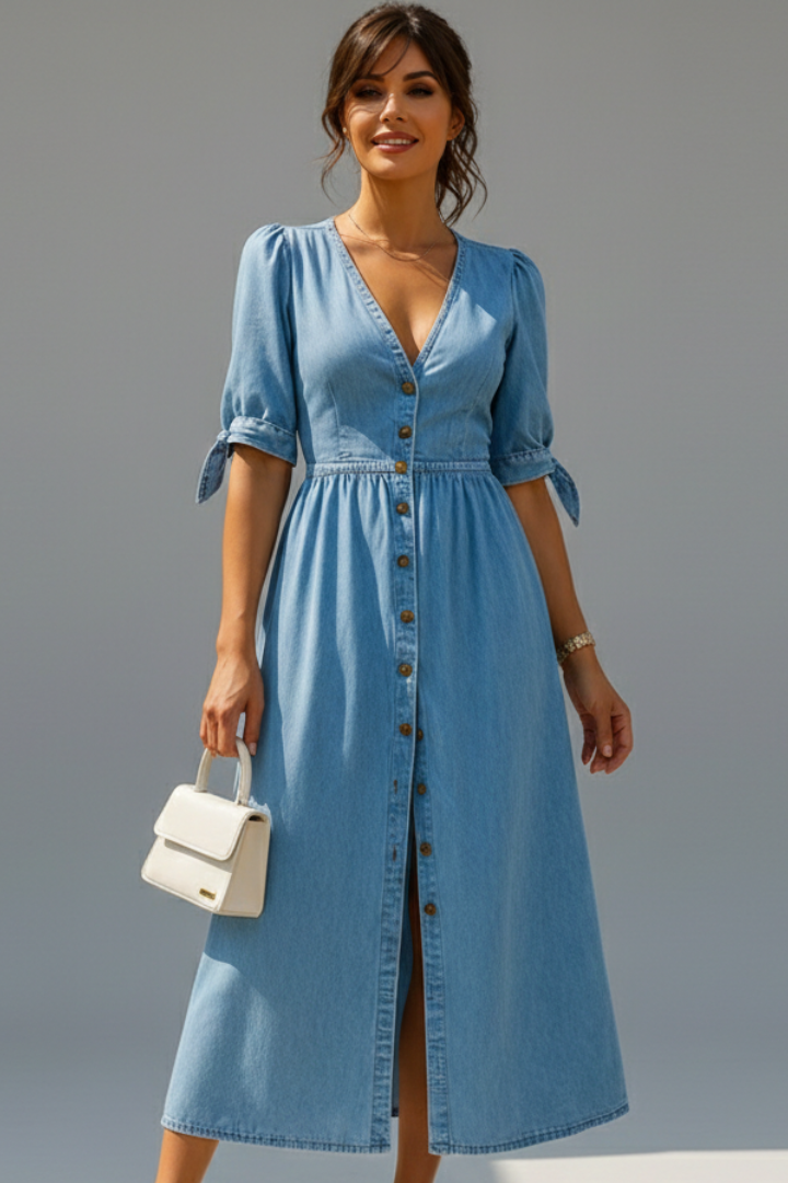 Women’s Dress with V-Neckline and Button Placket