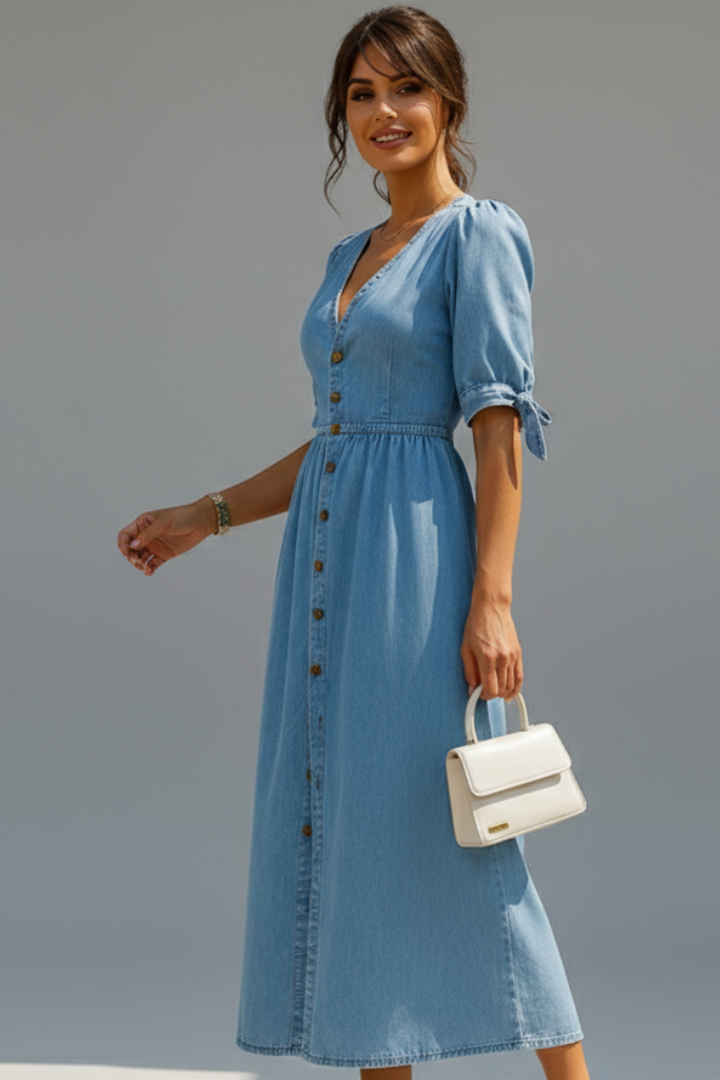 Women’s Dress with V-Neckline and Button Placket