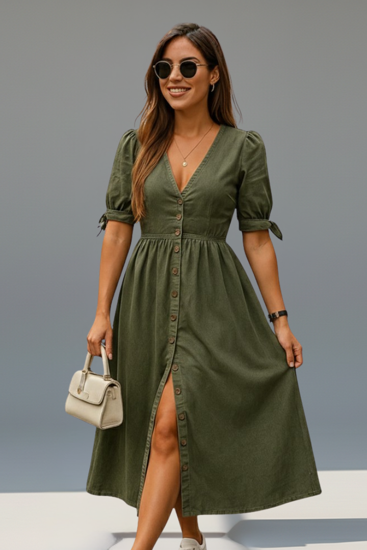 Women’s Dress with V-Neckline and Button Placket