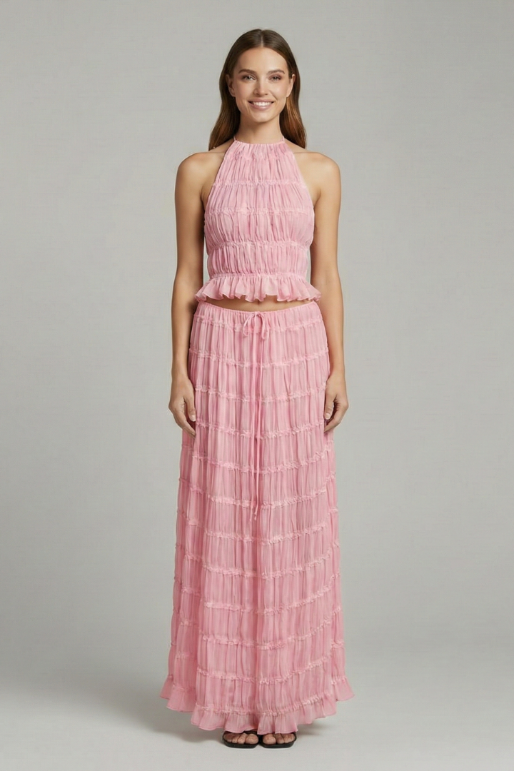 Women’s Halter Top and Maxi Skirt with Tie Back and Tiered Hem