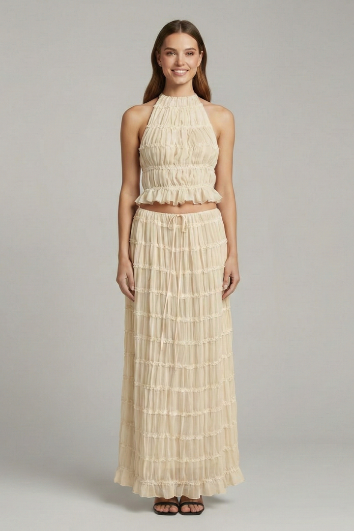 Women’s Halter Top and Maxi Skirt with Tie Back and Tiered Hem