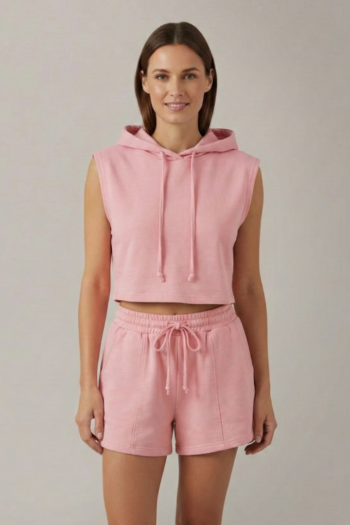 Women’s Hooded Top and Shorts Set with Sleeveless Cut and Elastic Waist