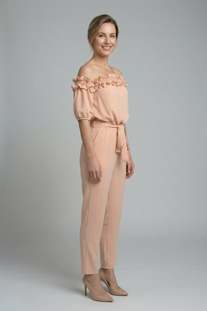 Women’s Jumpsuit with Off-Shoulder Neckline and Waist Tie