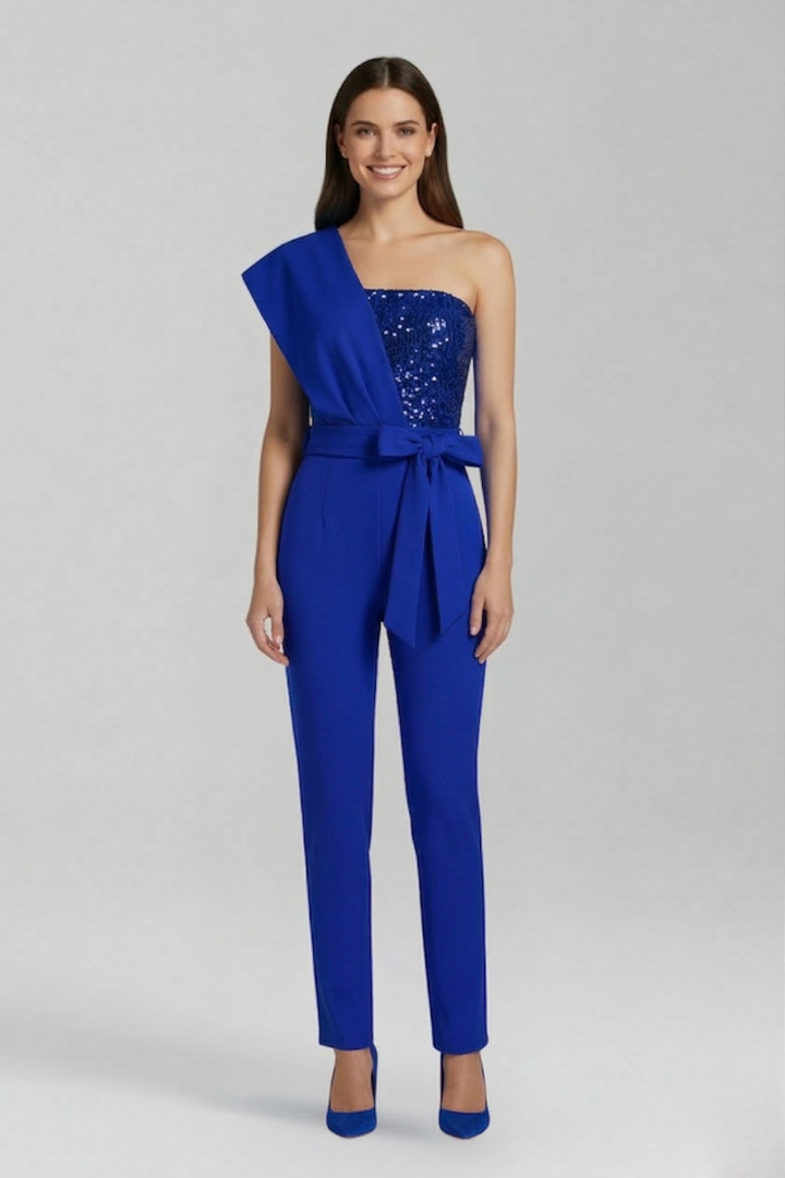 Women’s Jumpsuit with One-Shoulder Neckline and Tied Waist