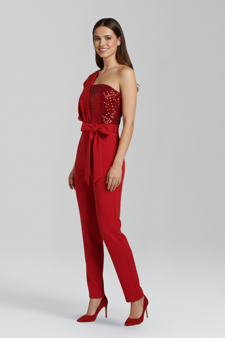 Women’s Jumpsuit with One-Shoulder Neckline and Tied Waist
