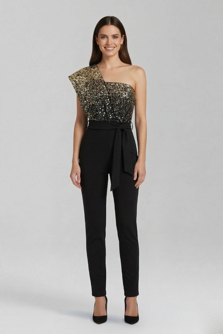 Women’s Jumpsuit with One-Shoulder Neckline and Tied Waist