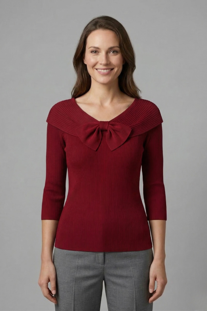 Women’s Knitted Top with Bow Detail and Long Sleeves