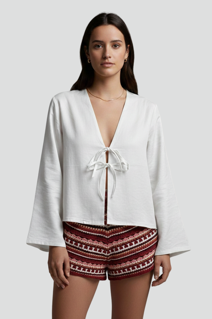 Women’s Long-Sleeve Blouse with V-Neck and Front Tie