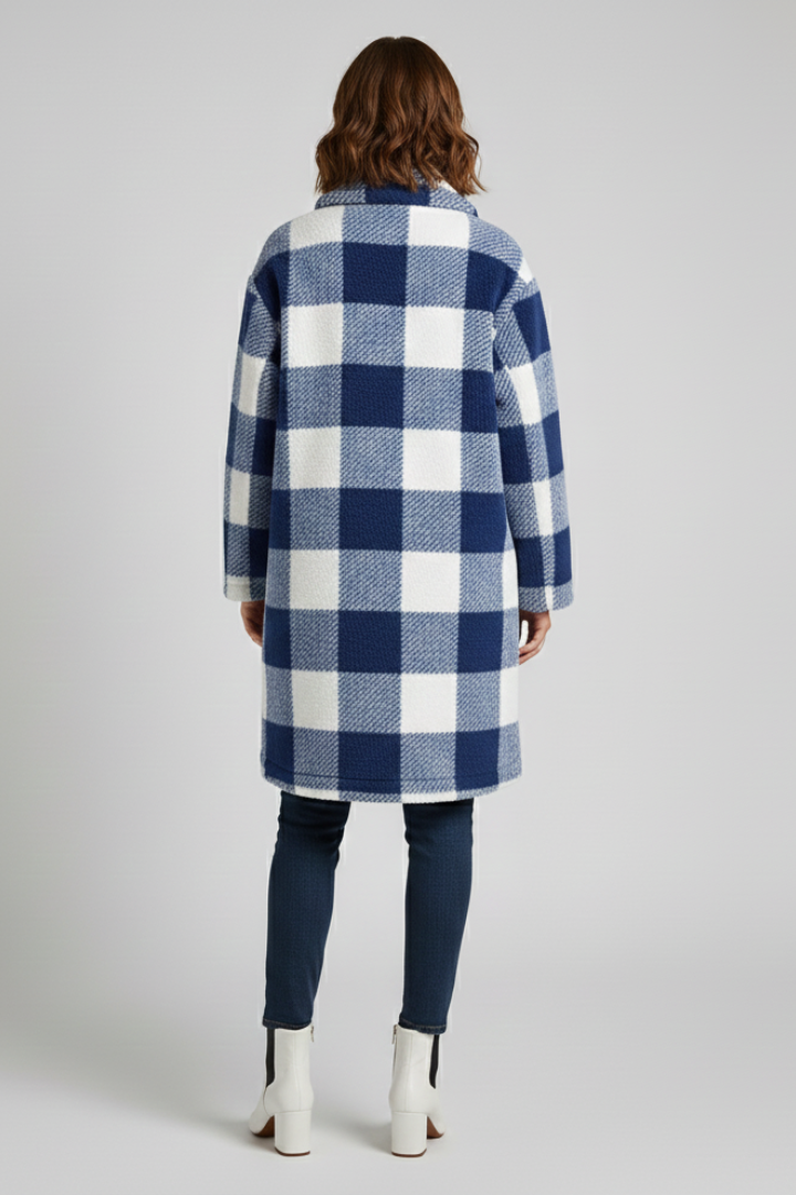 Women’s Long Coat with Button Front and Checked Surface