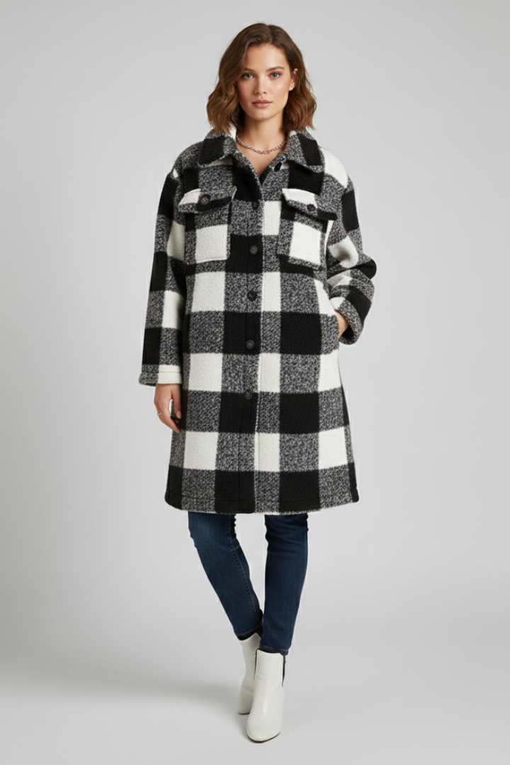 Women’s Long Coat with Button Front and Checked Surface