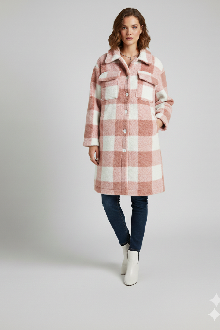 Women’s Long Coat with Button Front and Checked Surface