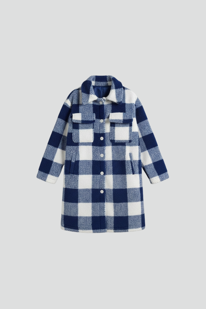Women’s Long Coat with Button Front and Checked Surface