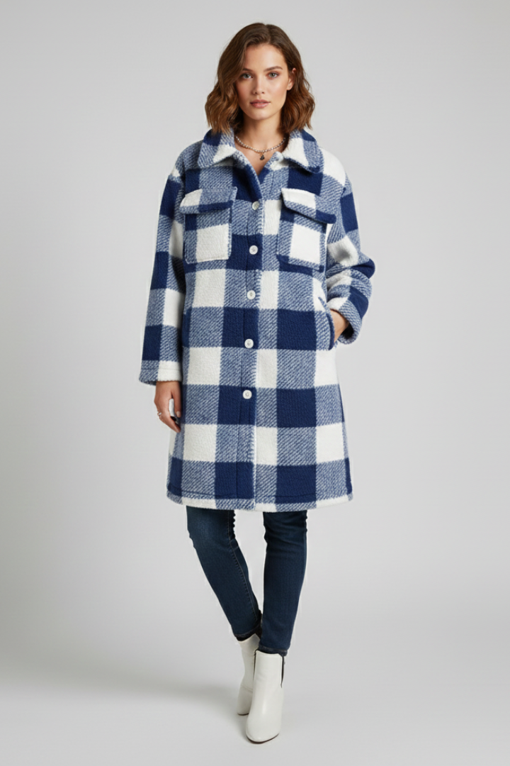 Women’s Long Coat with Button Front and Checked Surface