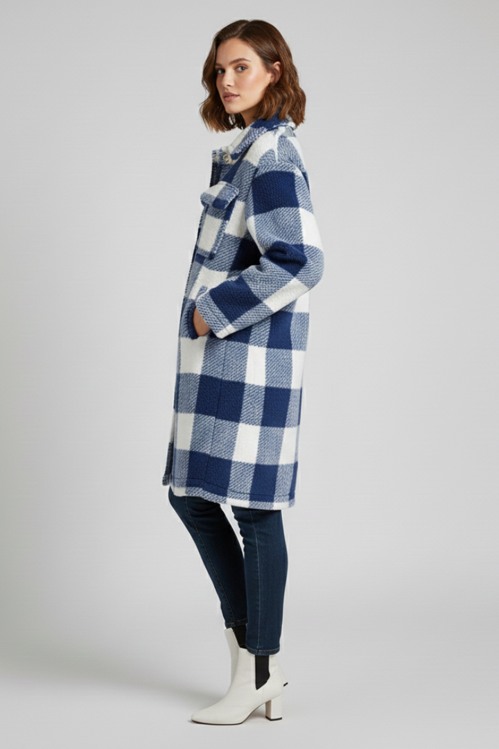 Women’s Long Coat with Button Front and Checked Surface