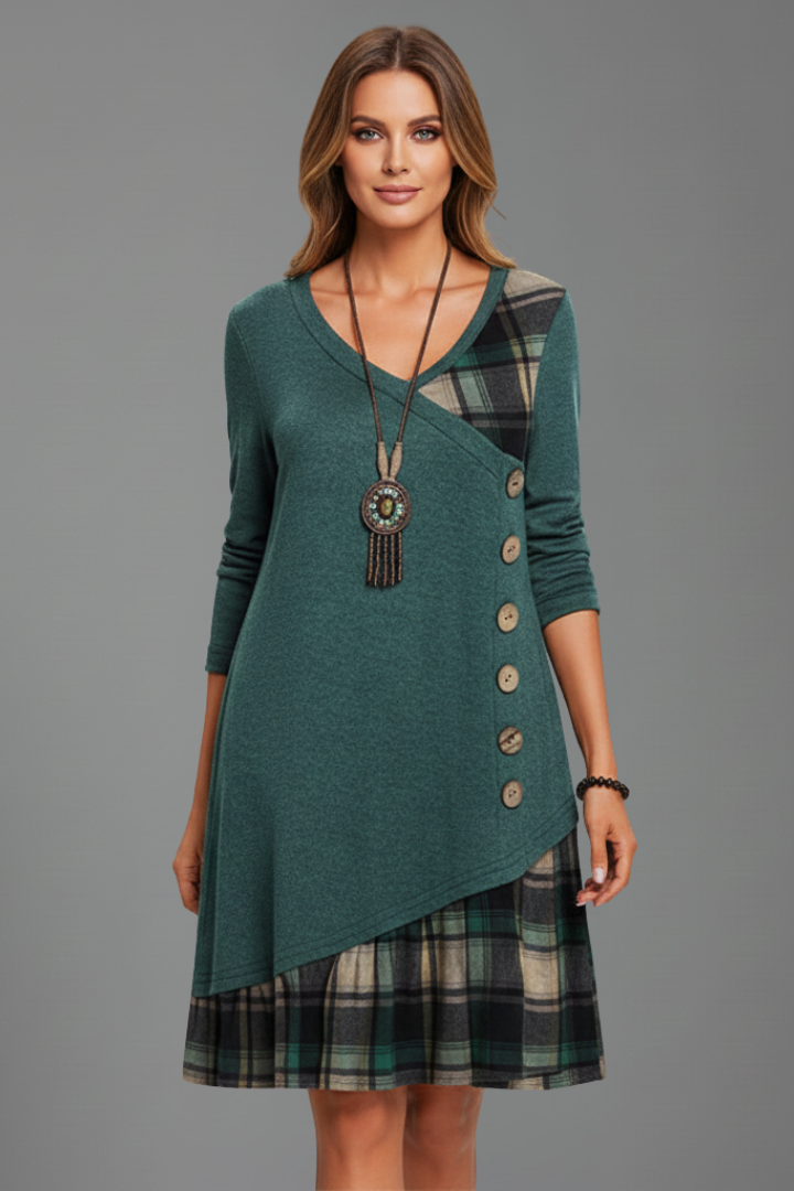 Women’s Long Sleeve Dress with V Neckline and Button Detail