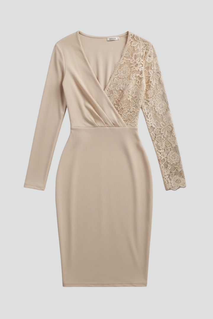 Women’s Midi Dress with Sleeves and V Neckline