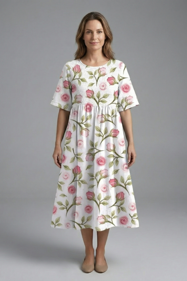 Women’s Midi Dress with Round Neck and Floral Print