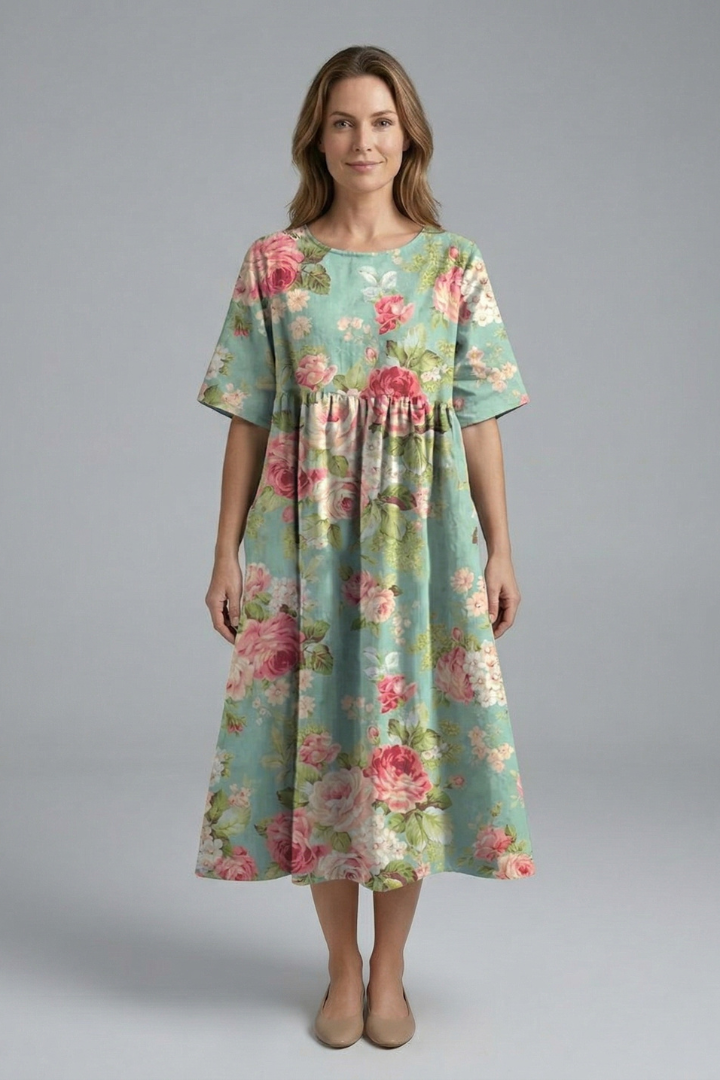 Women’s Midi Dress with Round Neck and Floral Print