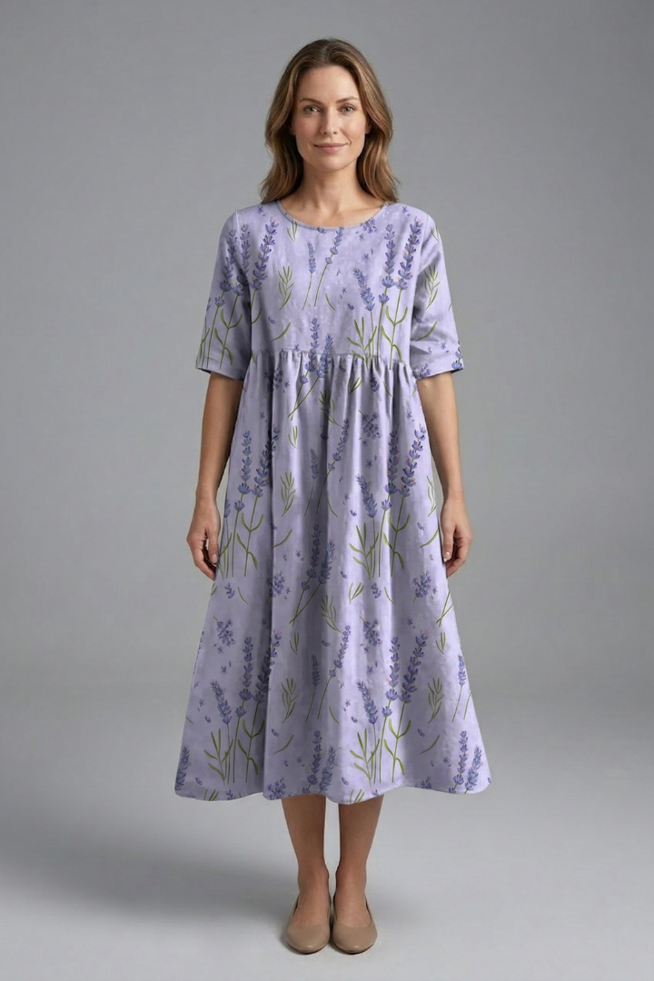 Women’s Midi Dress with Round Neck and Floral Print