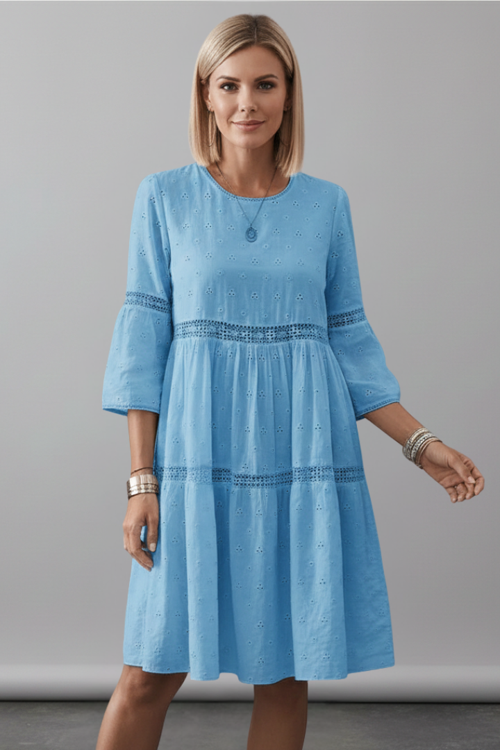 Women’s Midi Dress with Round Neckline and Long Sleeves