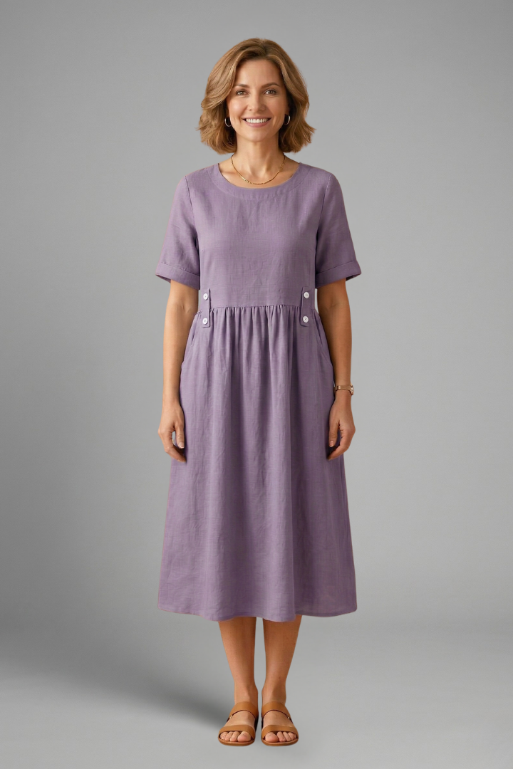 Women’s Midi Dress with Round Neckline and Loose Fit