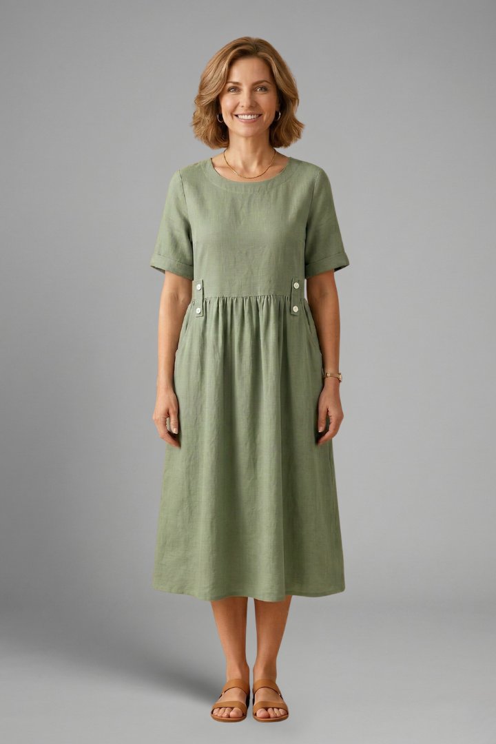 Women’s Midi Dress with Round Neckline and Loose Fit