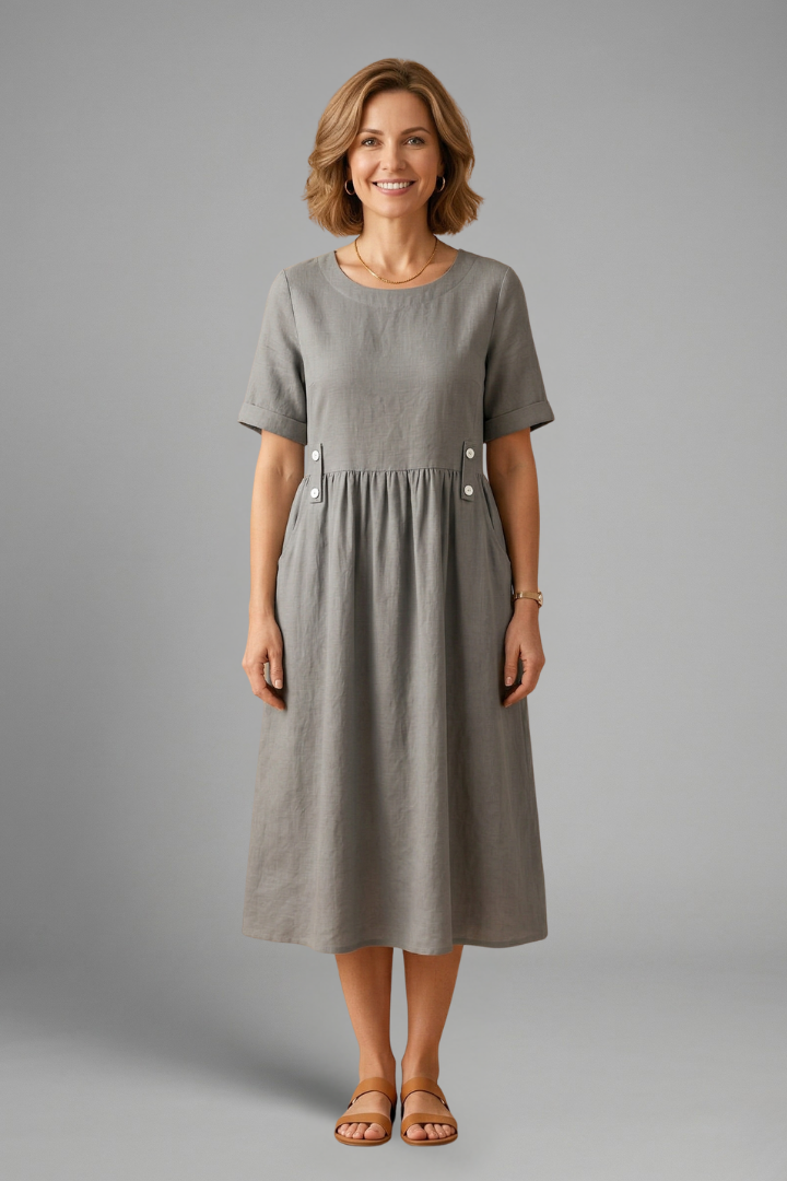 Women’s Midi Dress with Round Neckline and Loose Fit