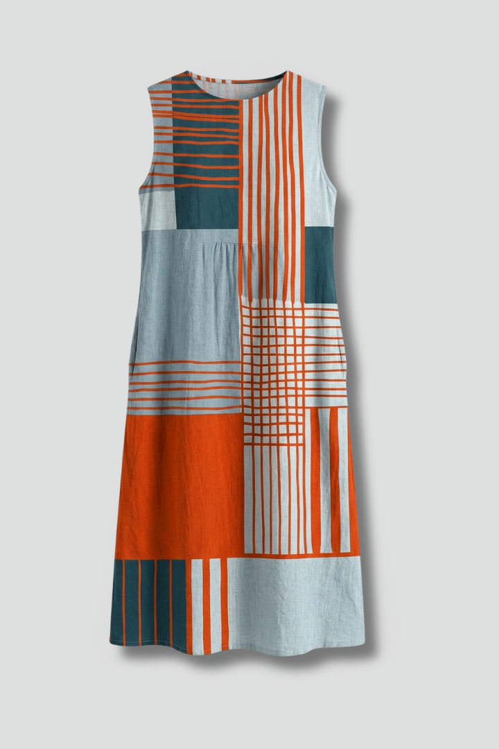 Women’s Midi Dress with Sleeveless Design and Geometric Print