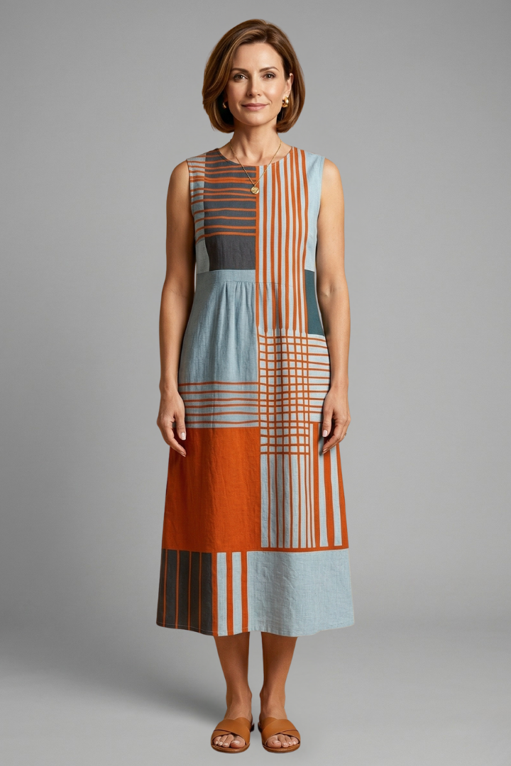 Women’s Midi Dress with Sleeveless Design and Geometric Print