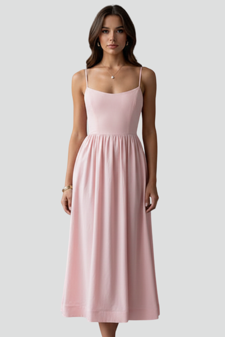 Women’s Midi Dress with Spaghetti Straps and Gathered Waist