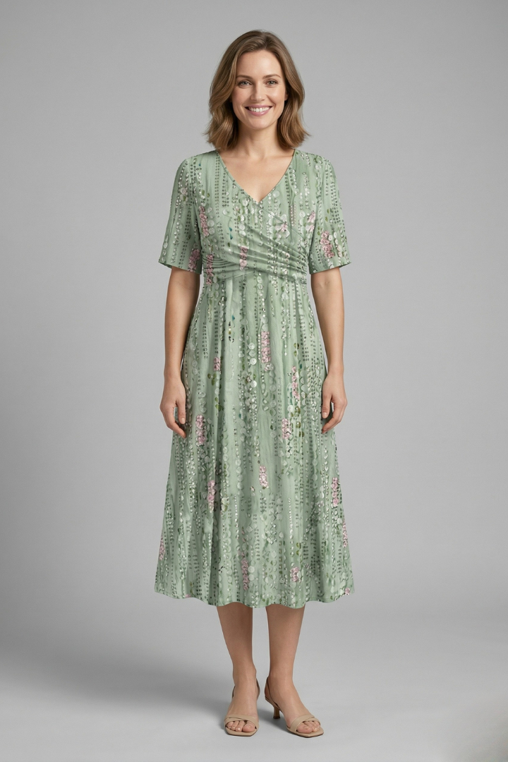 Women’s Midi Dress with V-Neck and Short Sleeves